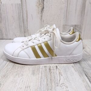 Adidas Grand Court White Gold Metallic‎ Leather Sneakers Classic Lace-Up #1462